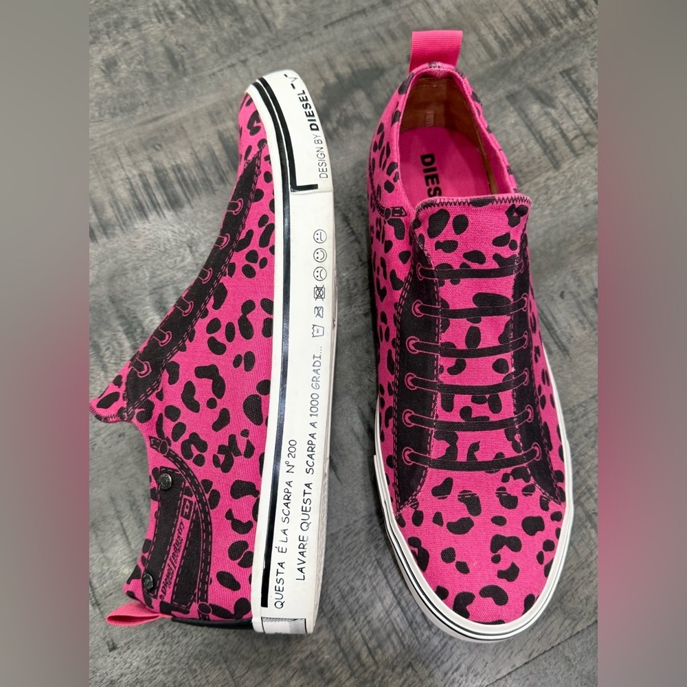 Diesel Hot Pink and Black Leopard Canvas Sneakers